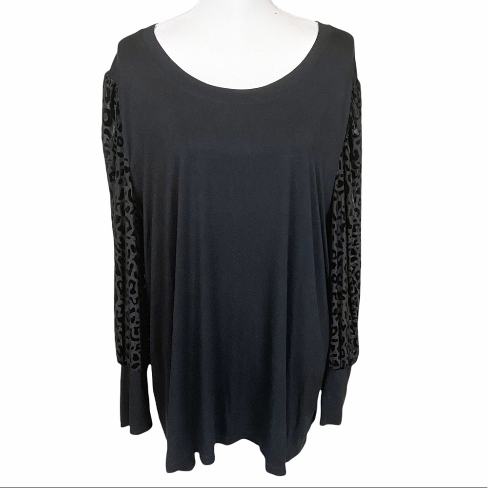 Molly & Isadora black long sleeve shirt semi sheer black cheetah pattern sleeve
